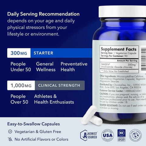 TRU NIAGEN Nicotinamide Riboside NAD+ Supplement for Reduction Patented Formula NR is more efficient than NMN, 300 mg per serving 90 days (3 months / 1 bottle)