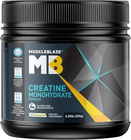 كرياتين أحادي الهيدرات من MuscleBlaze (بدون نكهة، 0.55 رطل / 250 جم) 50 حصة