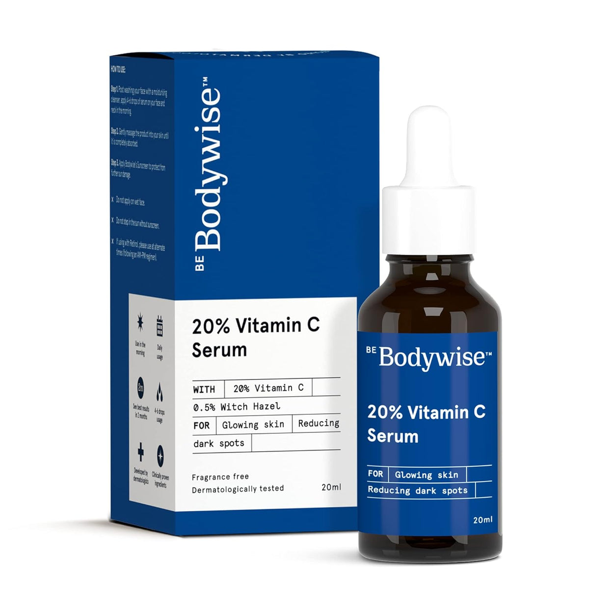 Be Bodywise 20% Vitamin C Serum for Bright & Glowing Skin | Stable & Effective Skin Rejuvenation Serum with Pure Ethyl Ascorbic Acid & Witch Hazel | 20 ml