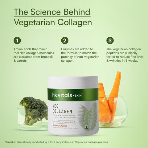 HK Vitals Veg Collagen Supplement Powder (Orange, 200G) | Collagen Peptides With Vitamin C, E | For Healthy Skin, Hair & Nails