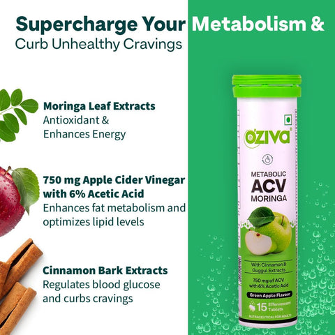 Oziva Acv Moringa|Control Cravings I Apple Cider Vinegar, Cinnamon, Guggul I No Maltodextrin & No Added Sugar I 15 Effervescent Tablets - Green Apple, 15 Capsules