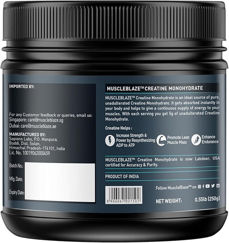كرياتين أحادي الهيدرات من MuscleBlaze (بدون نكهة، 0.55 رطل / 250 جم) 50 حصة