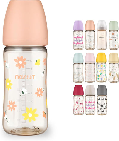 Moyuum PPSU All-in-One Feeding Baby Bottle with Nipple 270ml (+3 months) - Anti Colic, BPA Free & Easy Clean Wide-Neck Non-Tip Stable Base - Daisy Edition