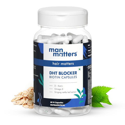 Man Matters Natural DHT Blocker Biotin Capsules | 60 capsules | Controls Hair Fall & Promotes Hair Growth | With D-Biotin, Vitamins, Iron, Omega 3 and Stinging Nettle Leaf Extract