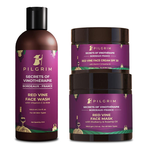 Pilgrim Red Vine Skin Brightening & Firming Kit | Pore Clearing Face Mask 100g, Cleansing Face Wash 100ml, Brightening Face Cream SPF 30 50g | For Glowing Skin | For Women & Men