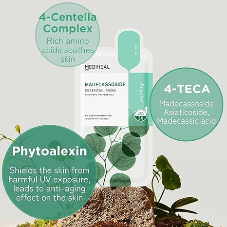 Mediheal Best Korean Sheet Mask | Madecassoside Essential Face Mask | For Sensitive Blemish Prone Hydrating Moisturizing Calming Soothing | All Skin Types | 10 Sheets