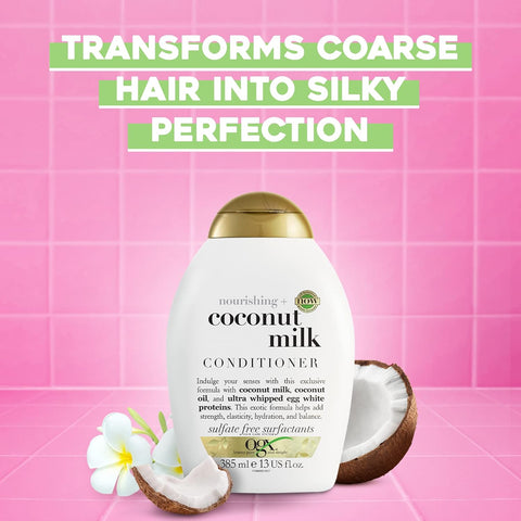 OGX Nourishing Coconut Milk Conditioner (1x 384.5ml), Hydrating and Revitalising Hair Conditioner for Dry, Damaged Hair, Enriched with Coconut Oil and Amino Acids for Soft, Smooth Strands