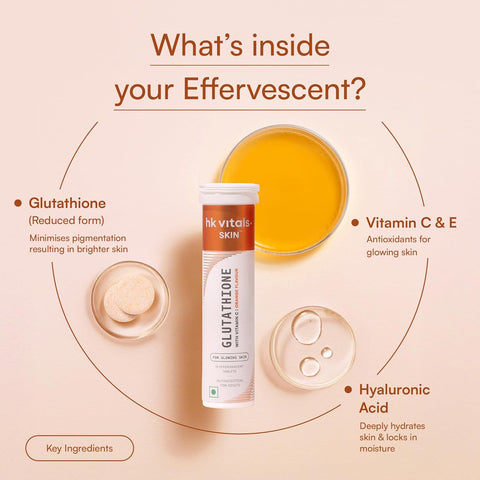 HK Vitals Glutathione - 15 Effervescent Tablets | L-Glutathione Tablets With Vitamin C & E, For Skin Glow & Hydration, No Added Sugar, Orange Flavour