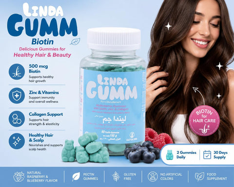 Lindagum Biotin 500 mcg with Vitamins Blueberry and Raspberry Flavor 60 Gummies