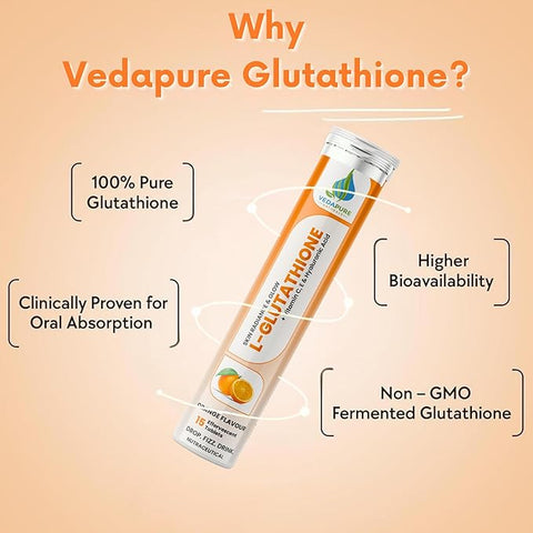 Vedapure L-Glutathione Effervescent Tablets with Vitamin C & E 15 Orange-Flavored Tablets