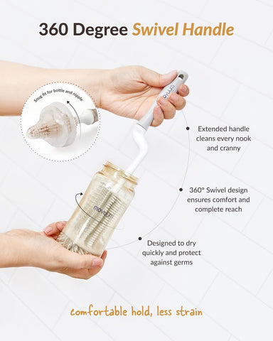 Moyuum Silicone Bottle Cleaning Brush Set Spong Bottle & Nipple Brus with 360° Rotating Handle – Soft, Scratch-Free Bristles for Baby Bottles, Nipples & Glasses, Quick-Drying and Durable (Grey)