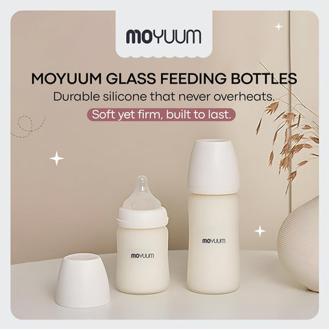 Moyuum PPSU Glass Feeding Baby Bottle with Nipple 240ml (+3 months) - Anti Colic, BPA Free & Easy Clean Wide-Neck Non-Tip Stable Base - Natural Plain Edition