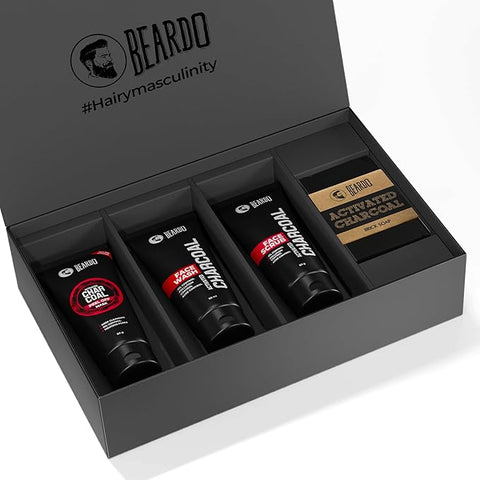 Beardo Charcoal 4-In-1 Giftset For Men Pack Of 4 (Facewash, Peel-Off Mask, Scrub, Soap)