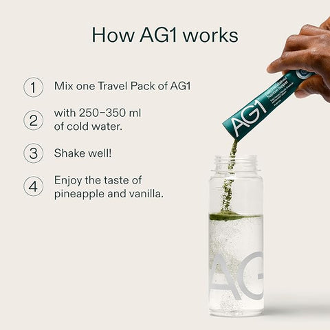 AG1 Daily Greens Powder – Ultimate Daily Whole Food Sourced All in One Greens Supplement Powder Travel Pack with Bottle (Pack of 2)