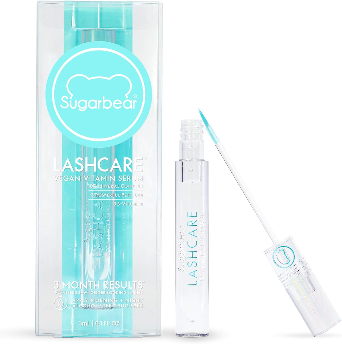 SUGARBEAR® LashCare Vegan Vitamin-Infused Lash Serum, Halal Certified, Alcohol Free - 3 Month Supply, Promotes Appearance of Longer, Thicker Eyelashes