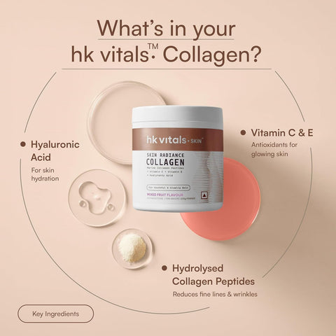 HK Vitals Skin Radiance Marine Collagen Supplement (Mixed Fruit, 200G) | With Vitamin C, E, Sodium Hyaluronate | For Healthy Skin, Hair & Nails