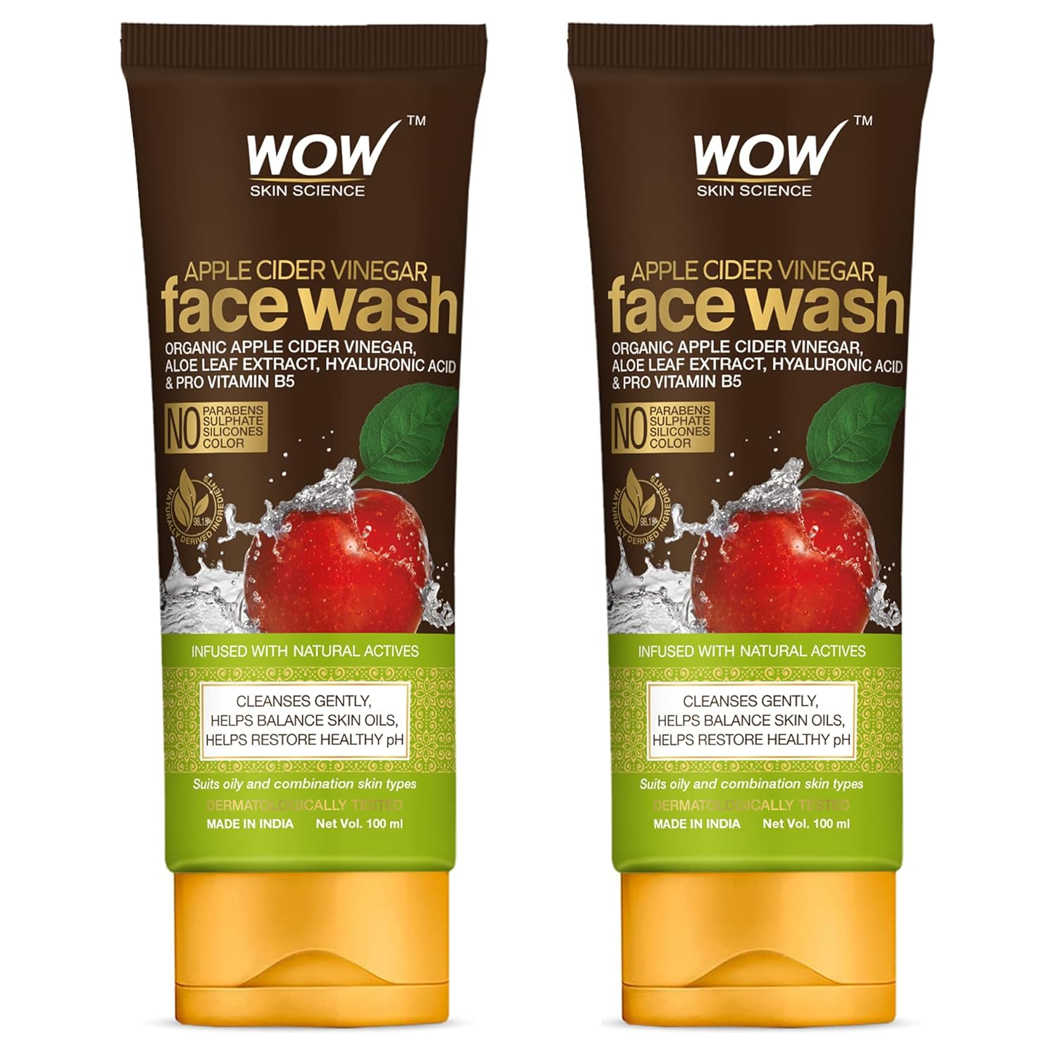 Wow Skin Science Apple Cider Vinegar Face Wash No Parabens, Sulphate, Silicones & Color Pack Of 2 Net Vol 200ml