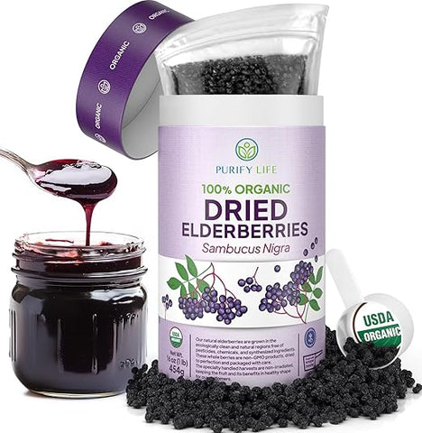 Purify Life Wildcrafted Sambucus Nigra Dried Elderberries for Black Elderberry Syrup, Gummies, Jelly, Tea, Wine 454g