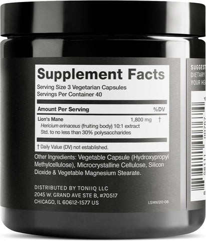 Toniiq Lion's Mane - Ultra High Potency 10:1 Extract With 30% Polysaccharides 120 Capsules