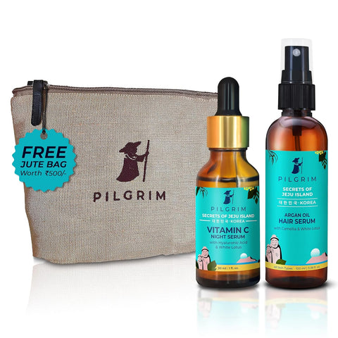 Pilgrim Look Your Best Face Serum & Hair Serum Combo| Vitamin C Night Serum 30ml For Skin Brightening & Argan Oil Hair Serum 100ml For Silky Hair - National Day Deal