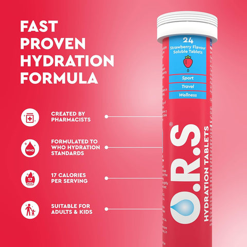 O.R.S Hydration Tablets With Electrolytes, Vegan, Gluten And Lactose Free Formula – Soluble Sports Hydration Tablets With Natural Strawberry Flavour, 144 Tablets (Pack Of 6 x 24)