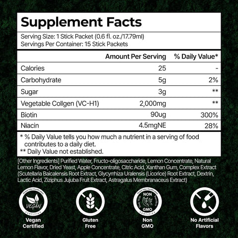 PLANT Vegan Liquid Collagen + Biotin - Lemon Flavour, 15 Sachets
