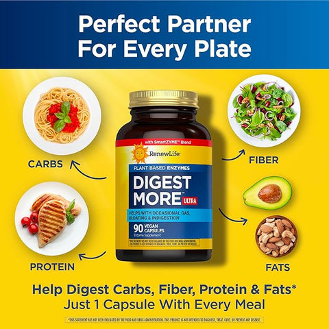 Renew Life Adult Digestmore Ultra Enzyme Supplement Vegetarian Capsules, 90 Count