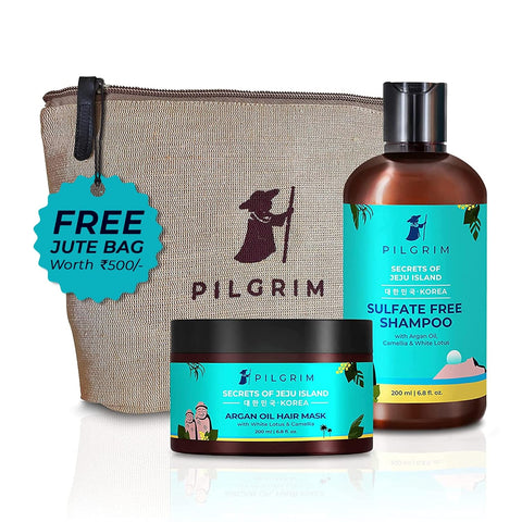 PILGRIM Korean Healthy & Shiny Hair Care Kit With Jute Kit Bag | Sulphate Free Shampoo 200ml & Argan Oil Hair Mask 200gm For Gentle Cleansing, Frizz Control, Moisture & Shine