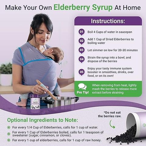 Purify Life Wildcrafted Sambucus Nigra Dried Elderberries for Black Elderberry Syrup, Gummies, Jelly, Tea, Wine 454g