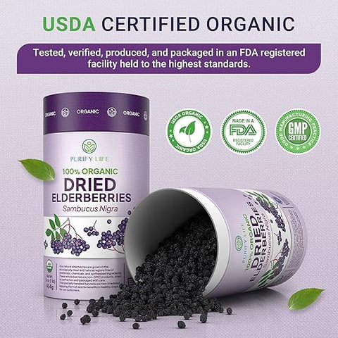 Purify Life Wildcrafted Sambucus Nigra Dried Elderberries for Black Elderberry Syrup, Gummies, Jelly, Tea, Wine 454g