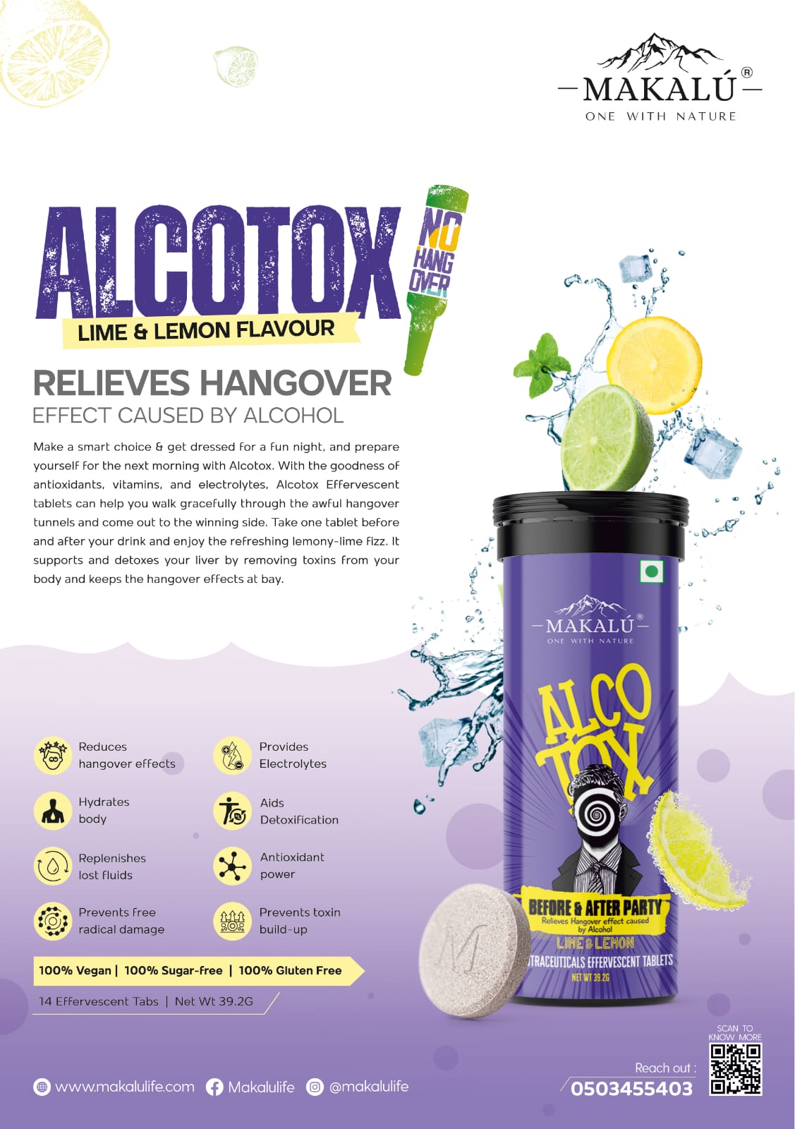 Makalu Alcotox Lime & Lemon Flavor, 14 Effervescent Tablets