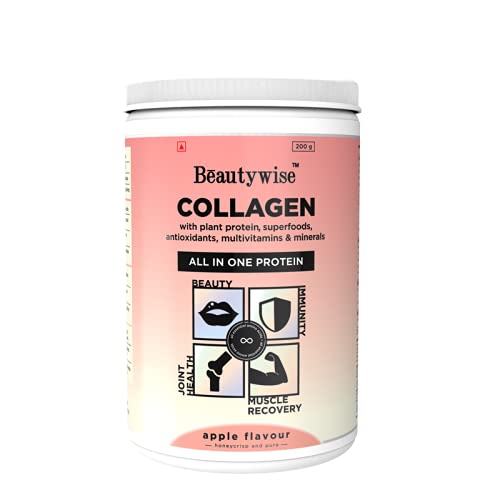 Beautywise All In One Collagen Proteins Powder For Beauty, Muscle Recovery, Joint Health And Immunity With Plant Proteins, Biotin, Glucosamine And Anti-Oxidants 200G(Apple Flavour Pack Of 1) 200G