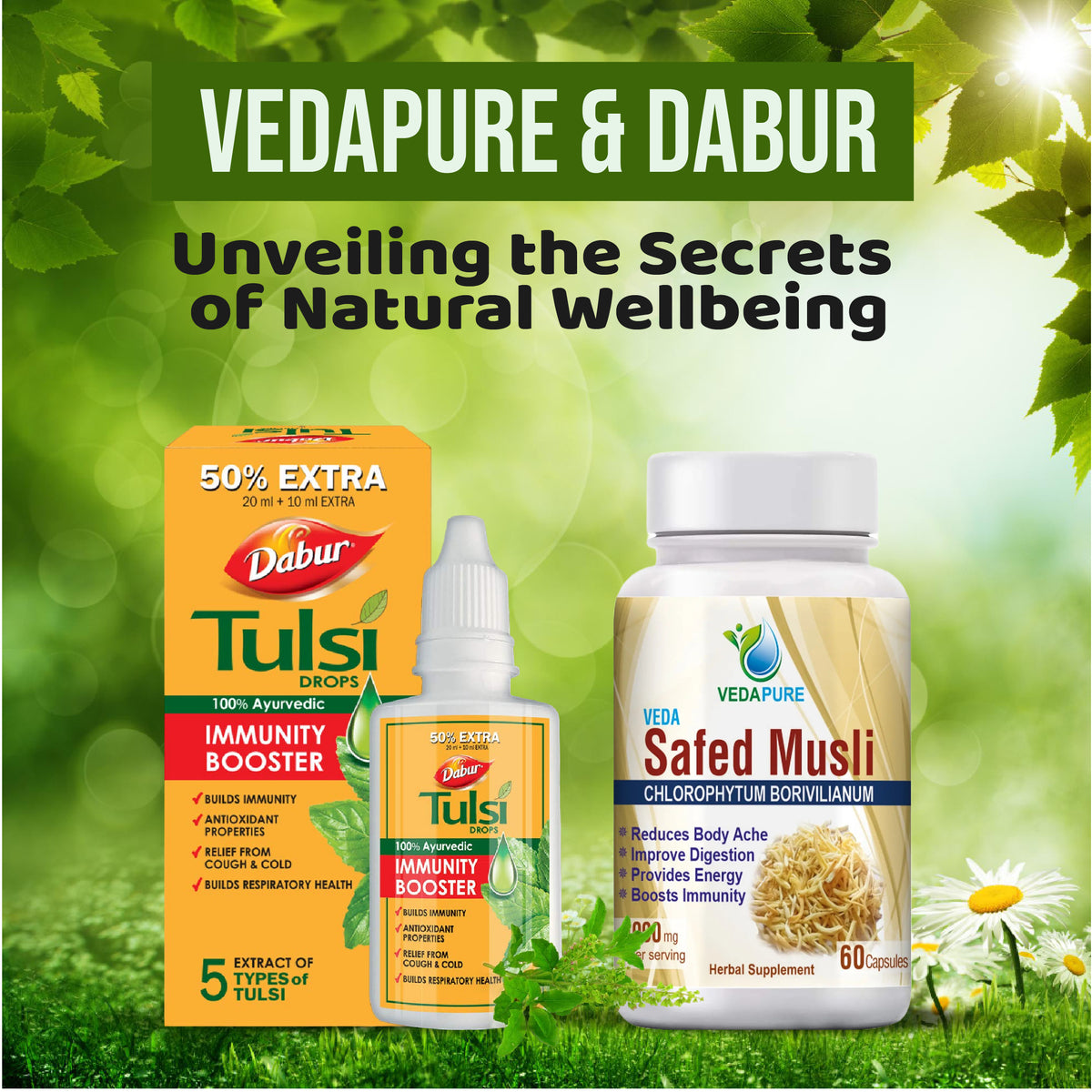 Dabur Tulsi Drops + Vedapure Safed Musli capsule