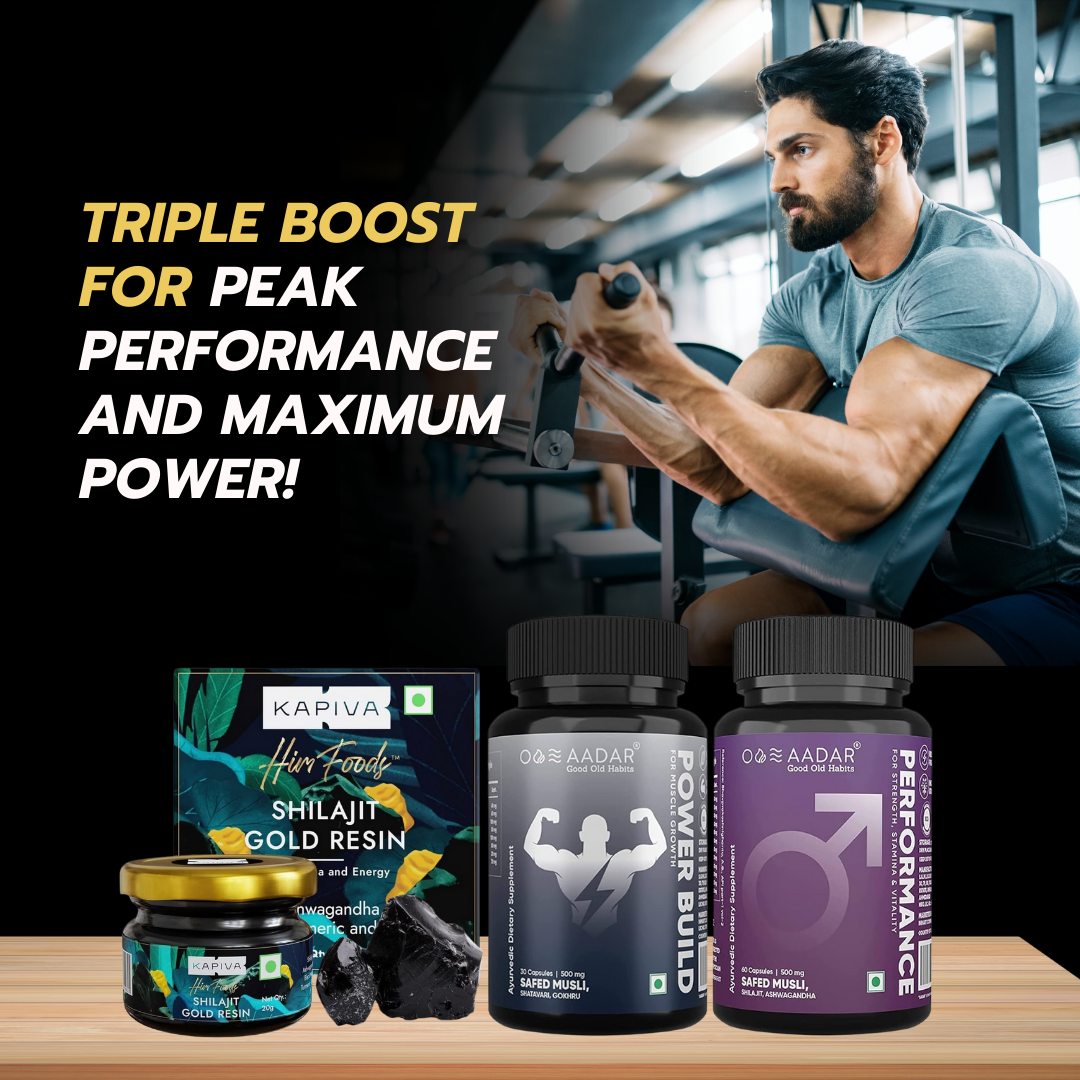 AADAR power build plus performance plus Kapiva shilajit gold resin combo