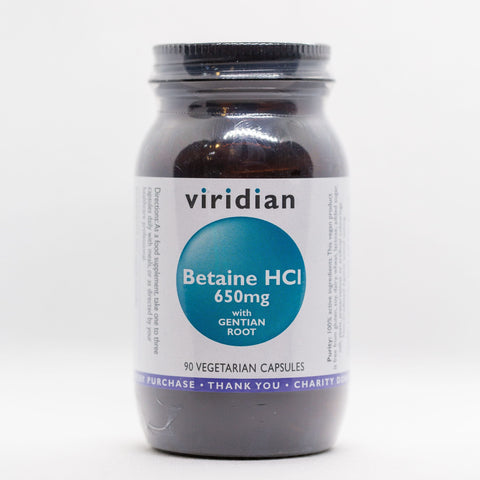 Viridian Betaine HCl 650mg مع كبسولات نباتية الجنطيانا