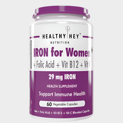 HealthyHey Iron Supplement for Women -100% Chelated - With Vitamin B12, Folic Acid & Vitamin C for High Absorption (60 Veg Capsules)