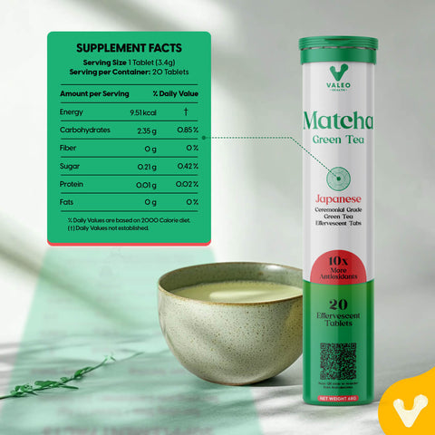 Valeo green matcha extract, showcasing its 100% natural ingredients and nutritional value in a packaging design