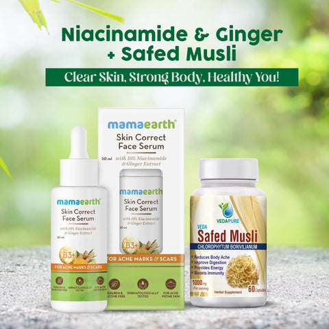 Mamaearth Skin Correct Face Serum/Niacinamide & Ginger extract, 30 ml + Vedapure Safed Musli Power For Strength 60 Capsules