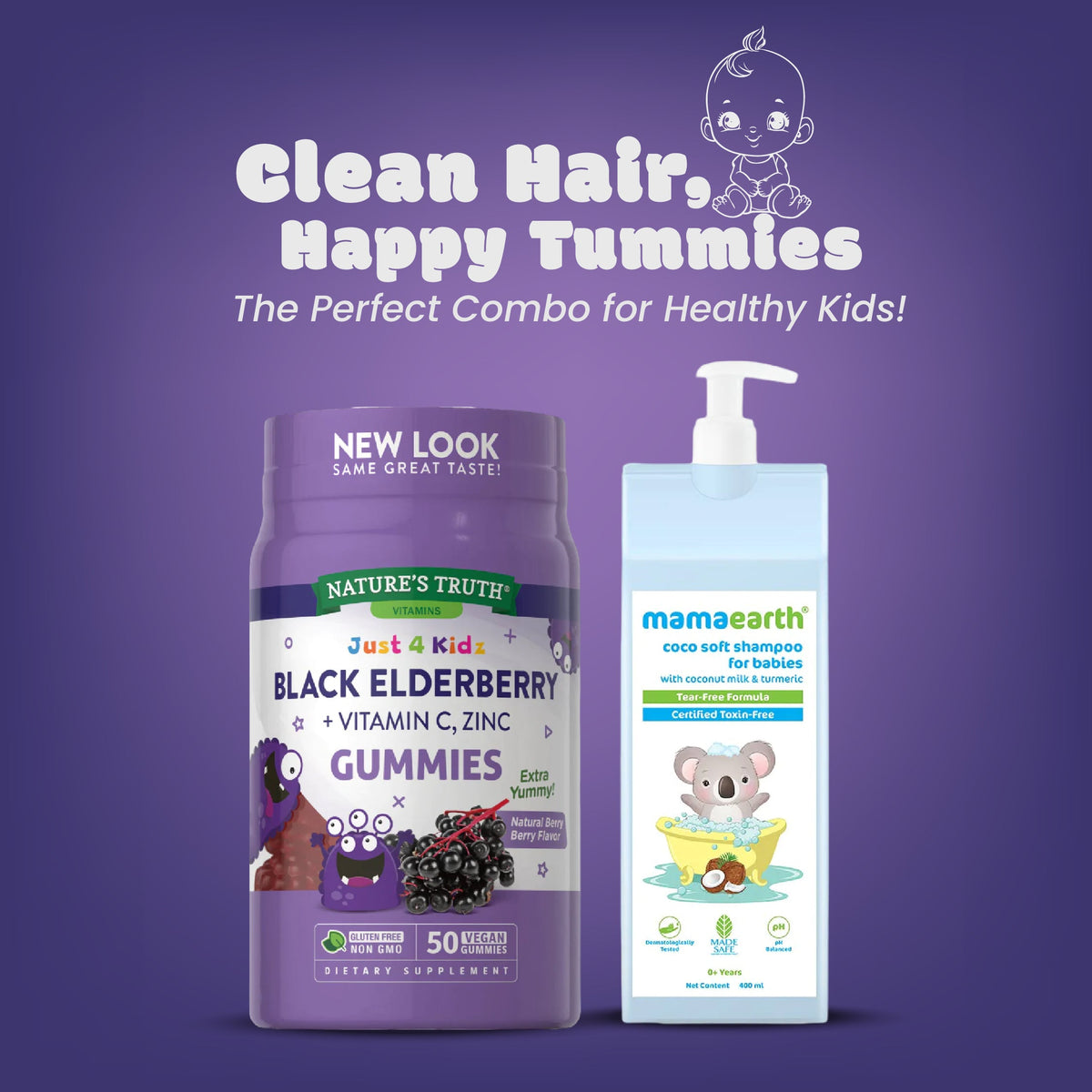 Nature's Truth  Kids Black Elderberry With Vitamin C, Zinc + Mamaearth Coco Soft Shampoo For Babies With Coconut Milk & Turmeric 400 Ml