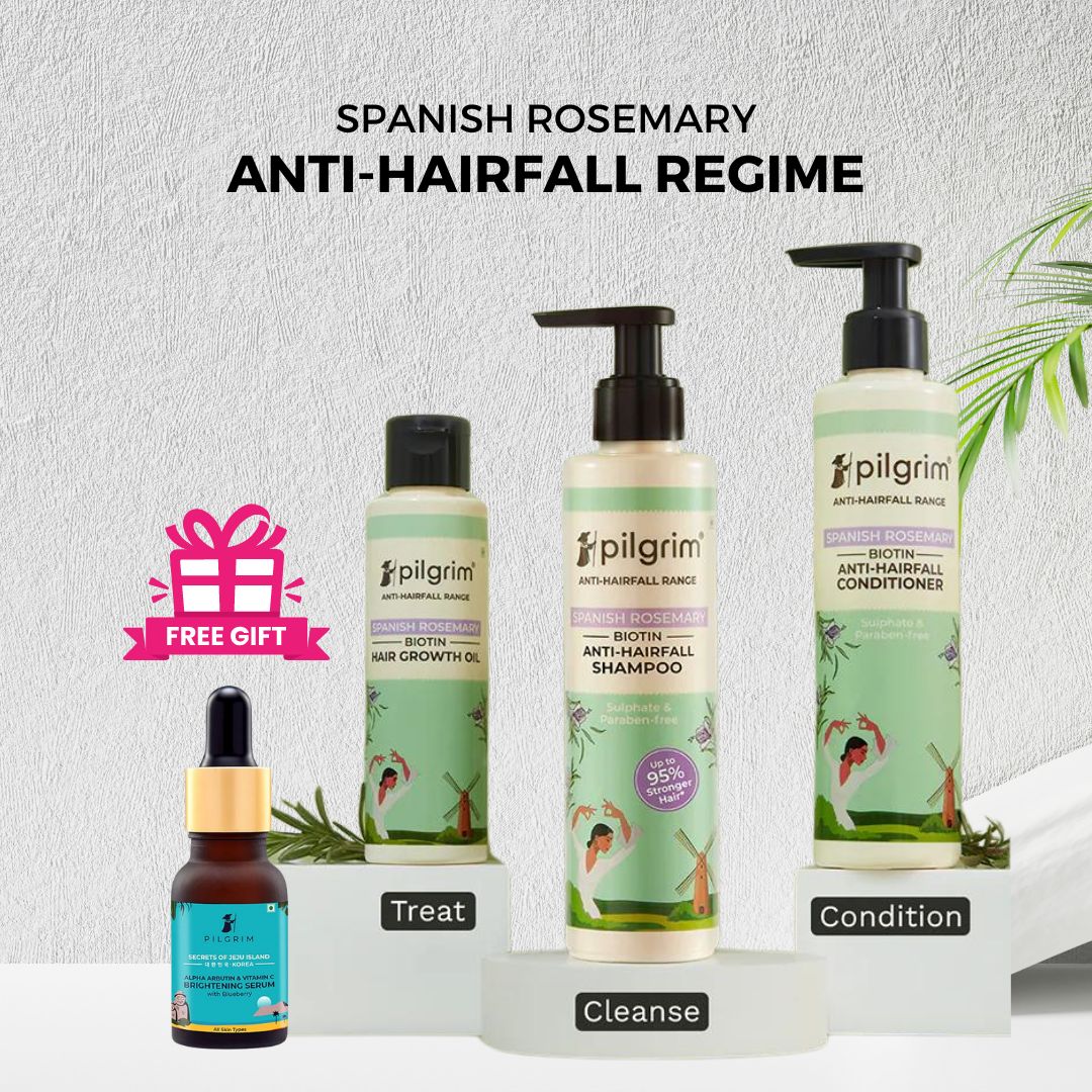 Pilgrim Spanish Rosemary & Biotin Anti Hairfall Shampoo Conditioner Hair Growth Oil + FREE Pilgrim Vitamin C Brightening Face Serum 5Ml - National Day Deal