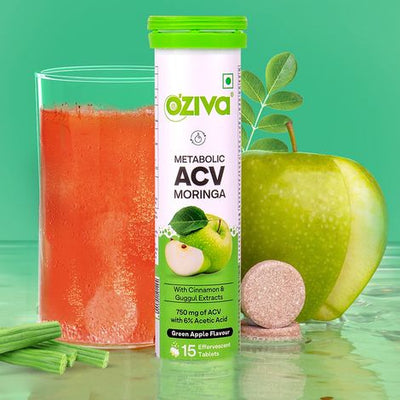 Oziva Acv Moringa|Control Cravings I Apple Cider Vinegar, Cinnamon, Guggul I No Maltodextrin & No Added Sugar I 15 Effervescent Tablets - Green Apple, 15 Capsules