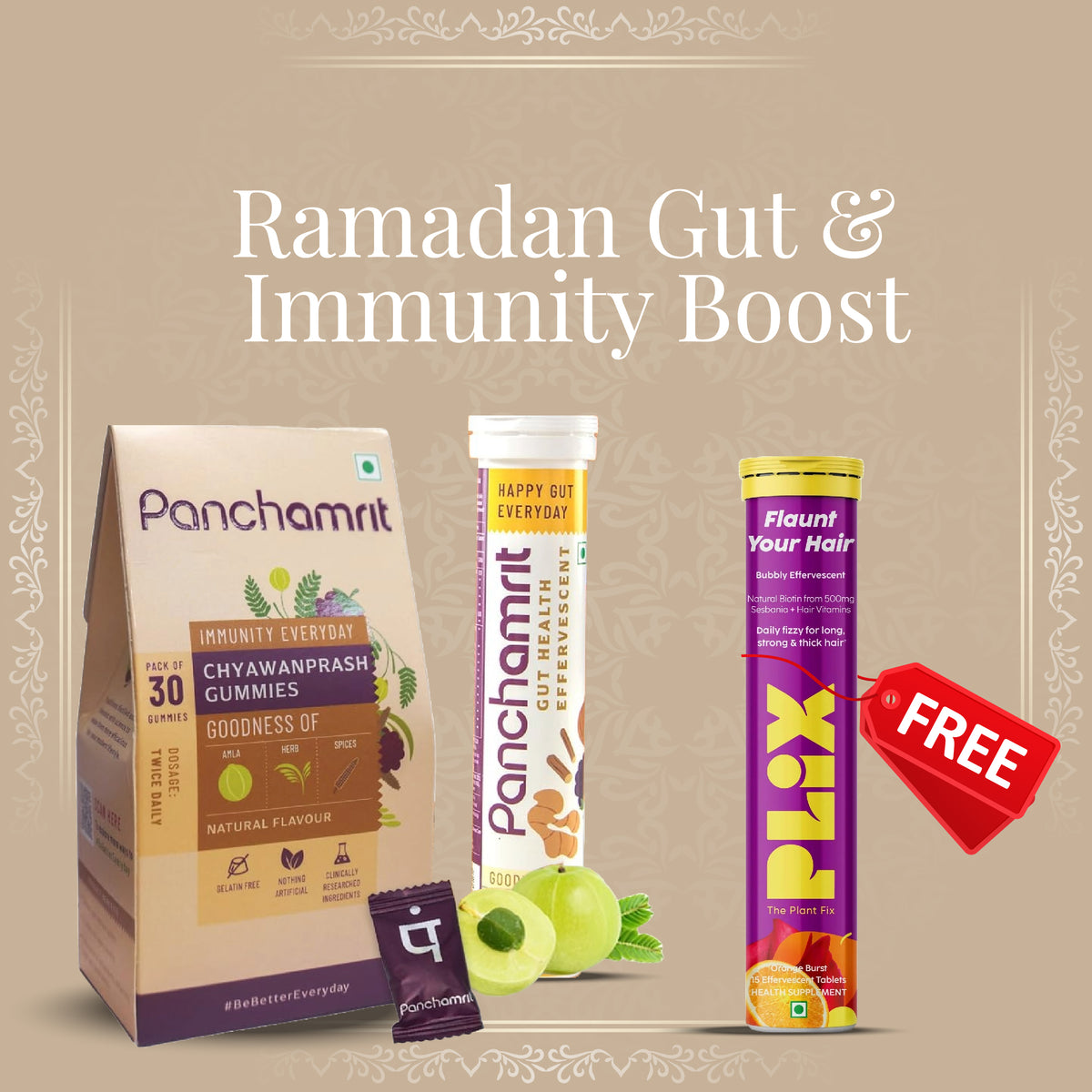 Panchamrit Chyawanprash Gummies + Panchamrit Gut Health tablets + FREE Plix Flaunt for your hair