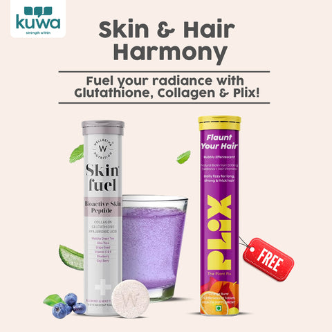 Wellbeing Nutrition Skin Fuel With Glutathione And Collagen + FREE Plix Flaunt Your Hair Orange Burst 15 Effervescent Tablets Combo