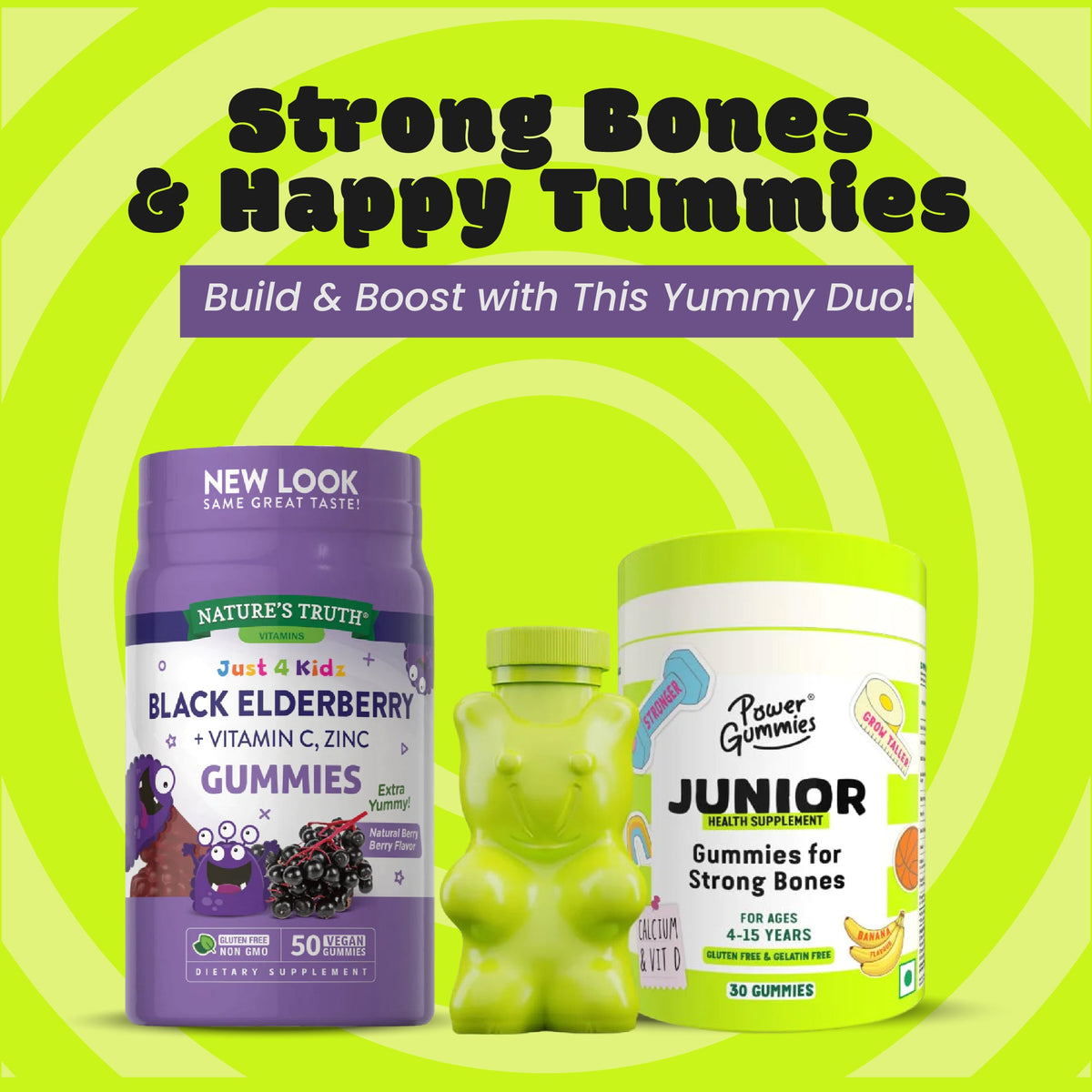 NATURE'S TRUTH  KIDS BLACK ELDERBERRY WITH VITAMIN C, ZINC + Power Gummies Junior For Strong Bones | Calcium, Phosphorus & Vitamin D | For Ages 4-15 Years | Tasty Banana Flavour 30 Gummies