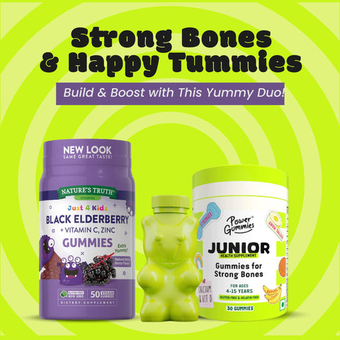 NATURE'S TRUTH  KIDS BLACK ELDERBERRY WITH VITAMIN C, ZINC + Power Gummies Junior For Strong Bones | Calcium, Phosphorus & Vitamin D | For Ages 4-15 Years | Tasty Banana Flavour 30 Gummies