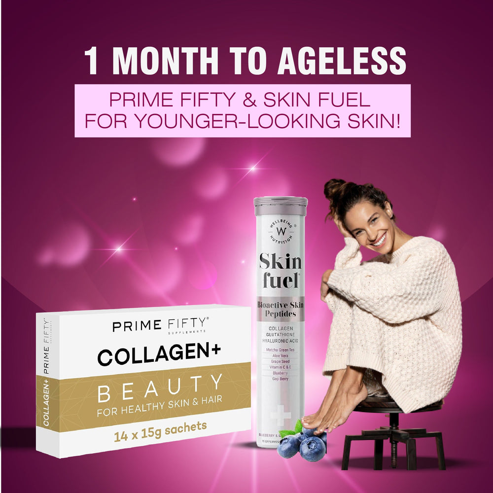 Prime Fifty Collagen+ (14 Sachets, 1 Month Supply) + Wellbeing Nutrition Skin Fuel with Glutathione & Collagen Effervescent Tablets