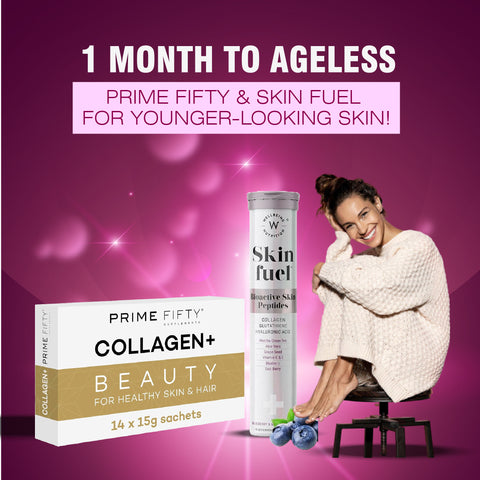 Prime Fifty Collagen+ | 14 sachets | 1 month supply+Wellbeing Nutrition Skin Fuel With Glutathione And Collagen For Radiant Skin - Effervescent Tablets