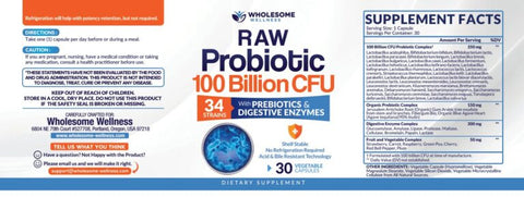 Wholesome Wellness Raw Probiotics 100 Billion CFU Organic 30 Tablets