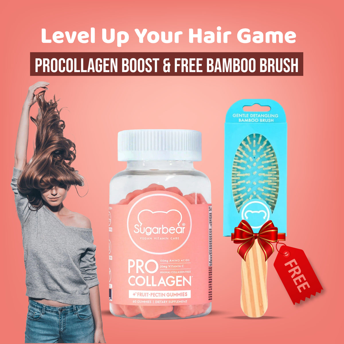 Sugarbear Pro Collagen and FREE SugarBearHair Gentle Detangling Bamboo Hair Brush Combo