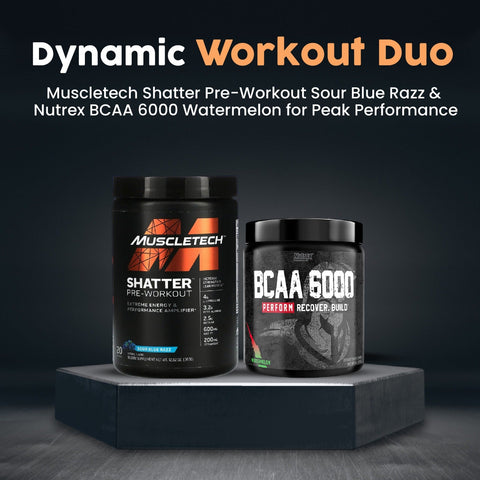 Muscletech Shatter Pre-Workout Sour Blue Razz 363 gms and Nutrex BCAA 6000 Watermelon 225 gms (Combo)